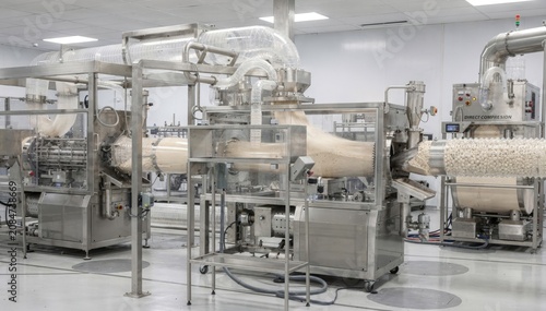 Medium shot of continuous tablet manufacturing line showing integrated blending and granulation with seamless powder flow for direct compression process in pharmaceutical