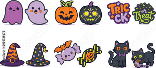 Fotografie Cute Halloween vector sticker set with kawaii ghosts pumpkins black cats witch h
