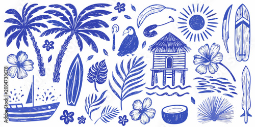 Quadro su tela tropical elements detailed illustration in blue and white palm tree flower bird
