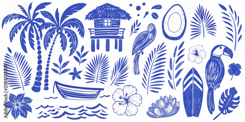 Photography tropical plants and animals detailed illustration blue and white palm tree parro