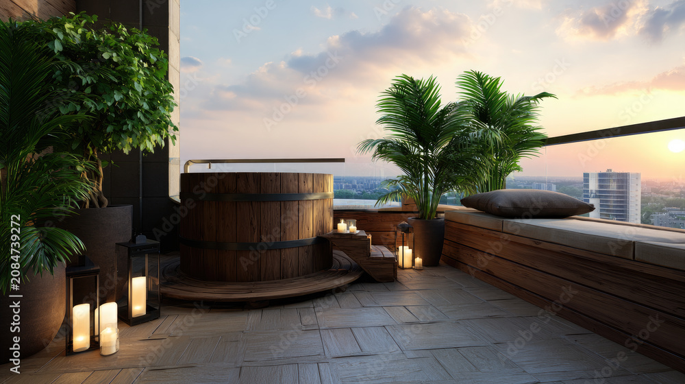 Fototapeta premium Serene urban balcony creating a relaxing spa like environment with glowing candles and lush plants, offering a tranquil escape from city life at beautiful sunset