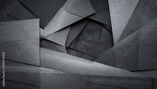 Abstract dark gray geometric shapes overlapping with subtle texture and sharp edges, creating a dynamic visual depth