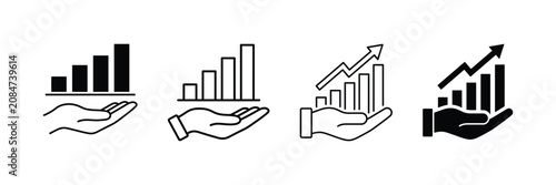 Hand holding growing bar chart with upward arrow icon set outline and solid black style for business investment, financial support and growth symbol.