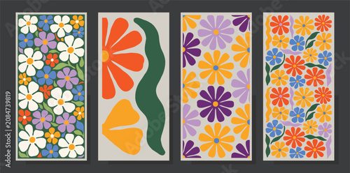 Retro floral pattern wall art set with colorful daisy flowers botanical illustration