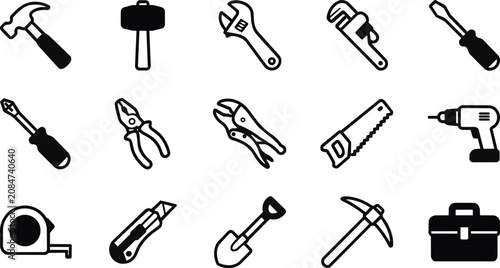Collection of 14 black and white line icons of various hand tools. minimal construction tools icons bundle.