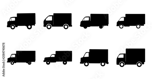 Fotografija Black delivery trucks icon set in a row - A clean set of black delivery trucks icons aligned in two rows for various design and presentation needs
