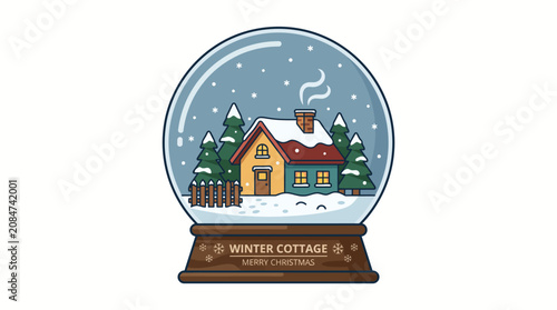 Snow globe with cozy winter cottage scene.