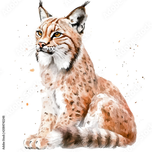 Lynx, beautiful watercolor illustration, isolated on a white background, soft and delicate colors.