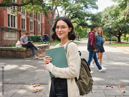 Portrait of young brunette female student holding green folder while walking on paved path at traditional college campus.