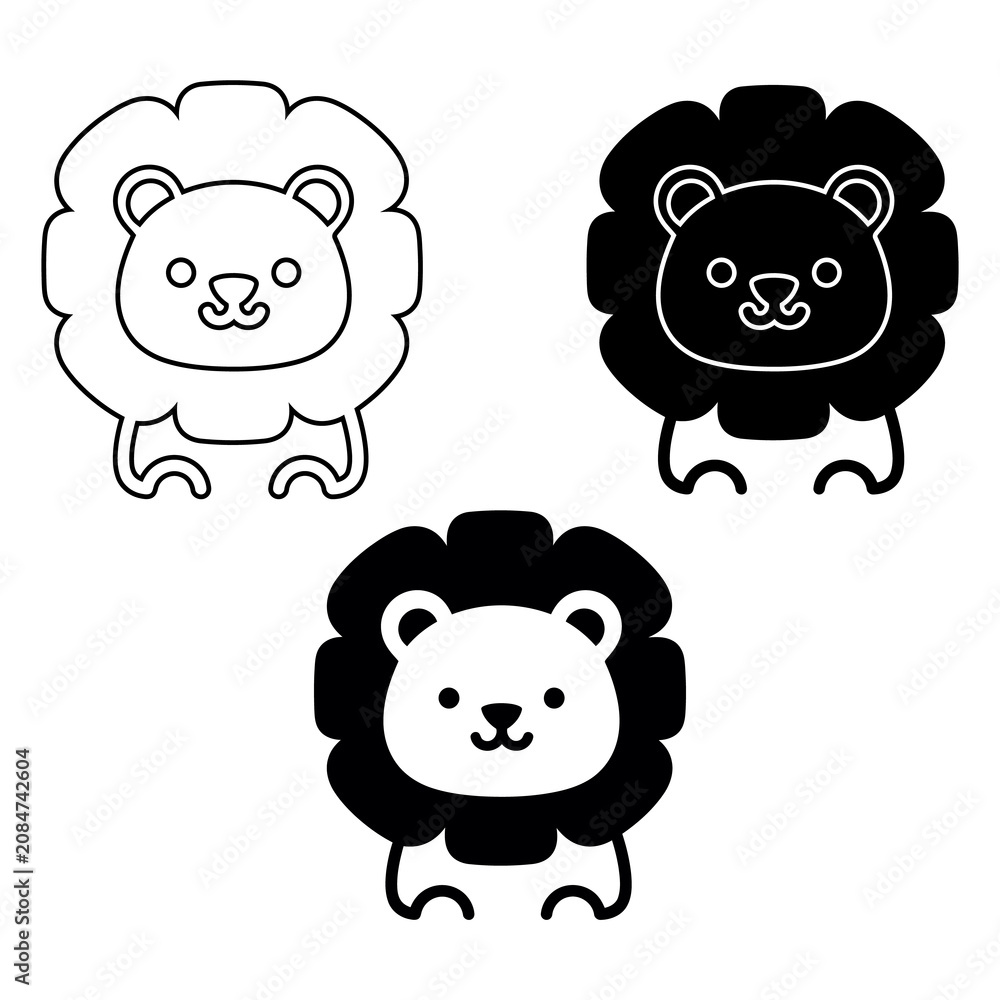 Fototapeta premium Collection of three cartoon lion heads in different styles with black and white outlines