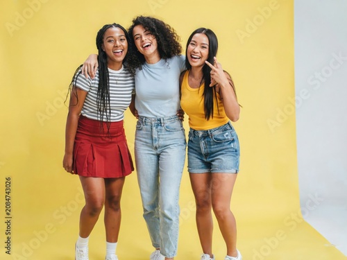Three diverse joyful young women friends hugging and posing together against studio yellow background wearing casual style.