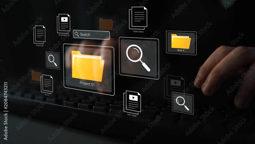 Fototapeta premium Hands Typing on Keyboard with Digital File Management Interface Displaying Folders and Search Functionality for Organized Data Management and Retrieval Gluon.