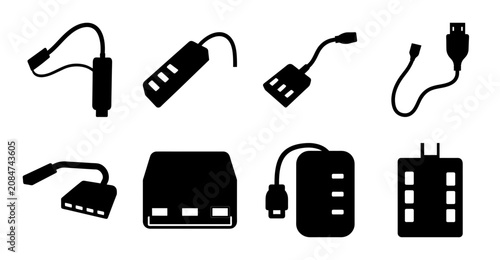 Modern black charging cables and adapters set - Clean, minimalist icons of various charging cables, adapters, and power plugs in black color for digital and tech-related projects.