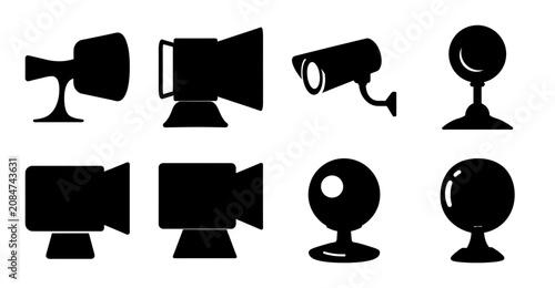 Flat icons of different surveillance and camera equipment - Minimalist black and white icons depicting a spotlight, security camera, monitor, CCTV camera, lamp post, camcorder, and spherical camera.
