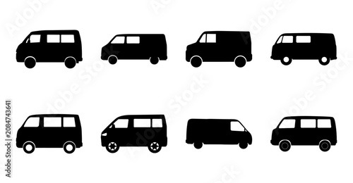 Black minimalist delivery vans icon set - A clean set of eight black minimalist delivery vans icons in various styles, perfect for web design or presentations.