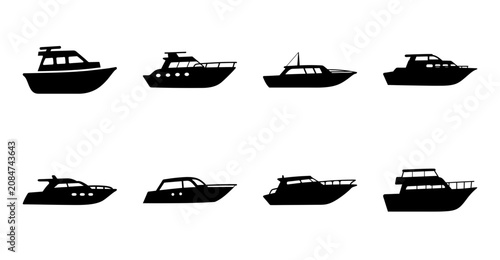 Modern yacht and boat silhouettes set - Eight sleek black and white yacht and boat icons in a clean, minimalist style for design and illustration projects.