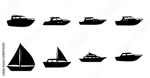Variety of stylized boats and yachts icon set - Minimalist black and white icons showing different types of boats, yachts, and sailboats in a clean, modern style for design projects.