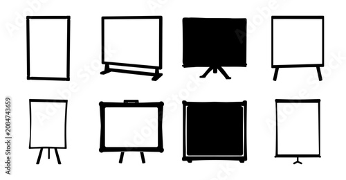Flat pack presentation screen and easel set - Minimalist flat pack display showing different types of presentation screens and easels for meetings, classrooms, or offices.