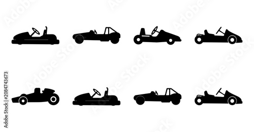 Black vintage dune buggies in row illustration - A clean line illustration of classic black dune buggies arranged in two rows, perfect for vintage or retro-themed projects.
