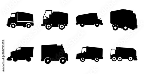 Black delivery trucks icon set collection - Minimalist black silhouette icons of various delivery trucks in a clean, modern style. Perfect for business, logistics, or e-commerce designs.