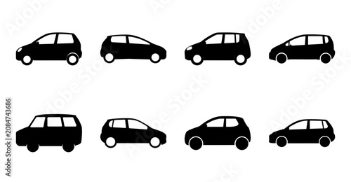 Eight minimal black car icons in a row - A clean set of eight simple black car icons arranged horizontally, perfect for web design, apps, or presentations.