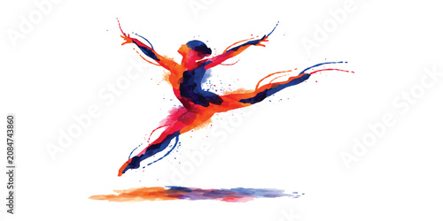 Tableau sur toile Abstract watercolor painting of a gymnast jumping in a dynamic pose with bright