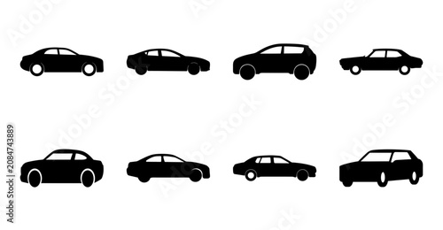 Cuadro en lienzo Eight sleek black car icons in a row - Eight stylish black car icons aligned neatly for a clean, modern design