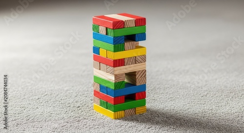 Vibrant wooden blocks are stacked carefully on a soft neutral carpet, forming a tall geometric structure during a focused indoor activity, arranging, balance, home