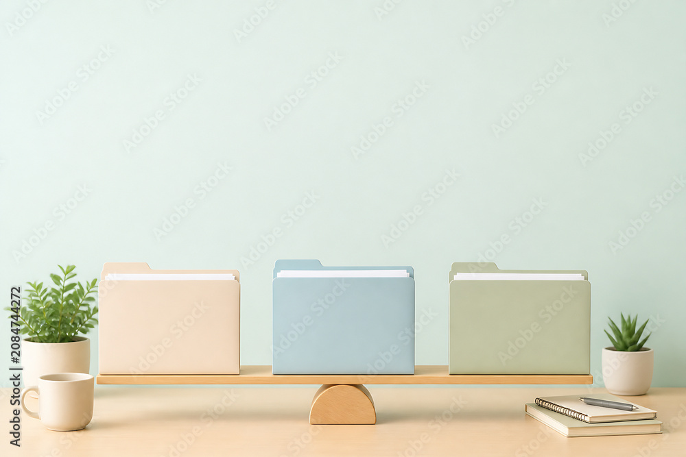 Fototapeta premium Three colored folders rest on a light wooden shelf against a pale blue wall, with small plants and books nearby.
