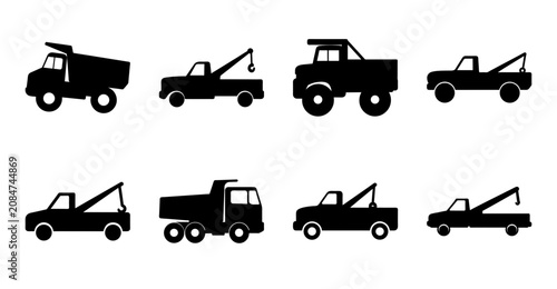 Black tow trucks and dump truck icons set - A clean set of black line icons featuring tow trucks and a dump truck in various positions, ideal for commercial and illustrative use.