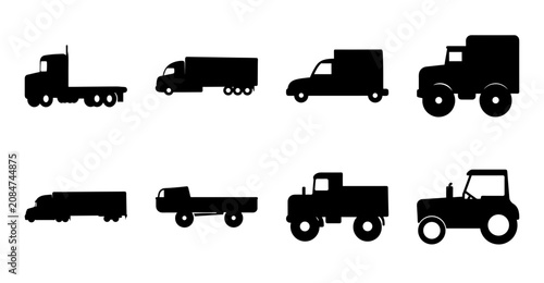 Set of eight black transportation and farm vehicles icons - Minimalist black silhouette icons of trucks, tractors, and farm vehicles in a clean, simple style for easy graphic use.
