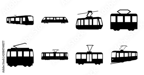 Eight black vintage trains and trams vector icons set - A clean collection of eight stylized black vintage trains and trams in a simple vector format, perfect for transport or travel-themed projects.