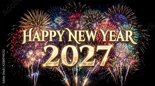 happy new year fireworks with gold typography 