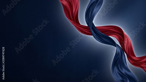 Abstract background with flowing red and dark blue silk ribbons, elegant satin fabric waves on a dark surface, luxurious textile texture and motion design concept