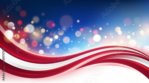 Abstract red and white waves with bokeh lights, dynamic flowing background graphic for patriotic or celebration themes, modern digital design element