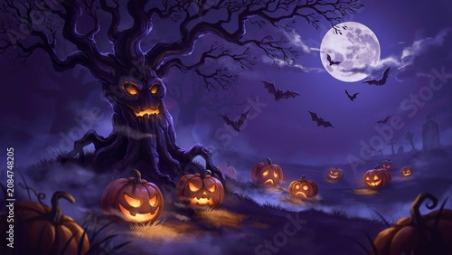 Spooky halloween night with glowing pumpkins and bats