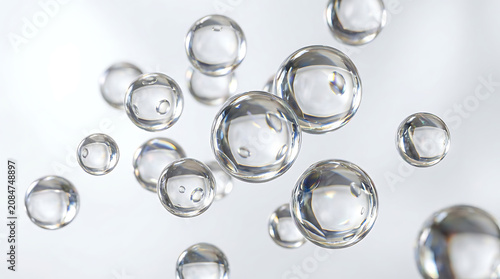 multiple abstract 3d glass spheres with light refraction, soft white background, crystal clear transparency, scattered composition, ultra detailed commercial stock photo style