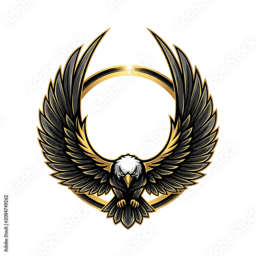 Majestic eagle emblem design with golden ring and spread wings isolated on white background.