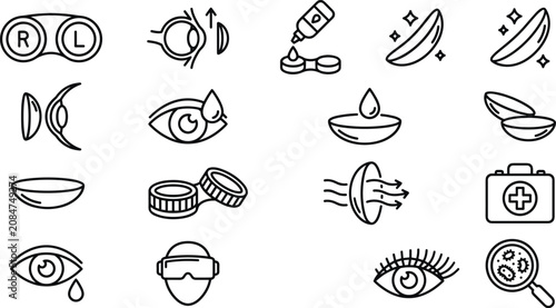 Foto Contact Lens and Eye Care Line Icon Set with Solution Case Drops and Ophthalmolo