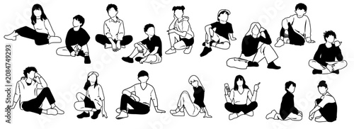 Boys and girls sitting, hand-drawn; line sketch, silhouettes, vector, group of children, black and white color on a white background