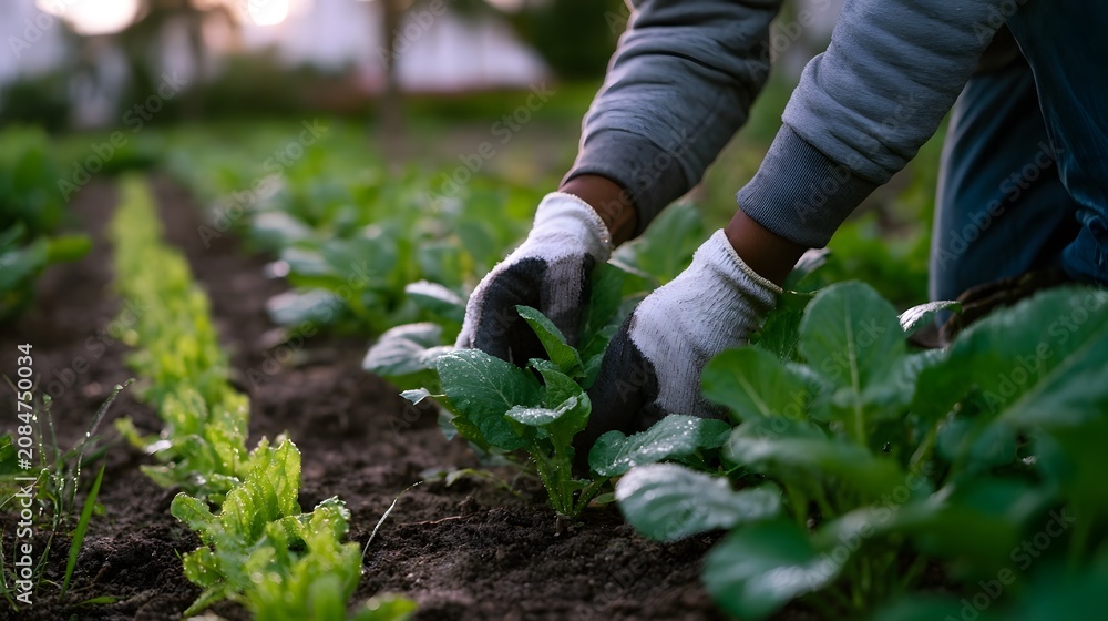 Fototapeta premium A person wearing gardening gloves tends to young green plants growing in neat rows of dark soil under soft morning light