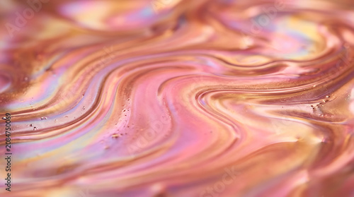 iridescent fluid abstract background, pink and gold oil slick texture, warm pastel colors flowing, smooth liquid surface, macro photography style, ultra high resolution