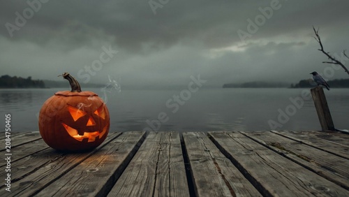 Halloween jack o' lantern on wooden dock with moody lake and crow