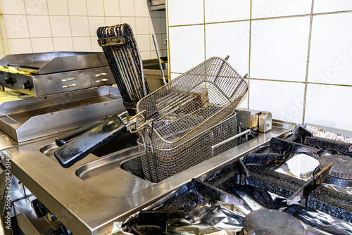 Commercial kitchen strainer and frying basket in metal sink for washing and draining