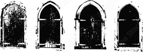 set of four old rustic wooden arched doors with metal hinges and worn textures