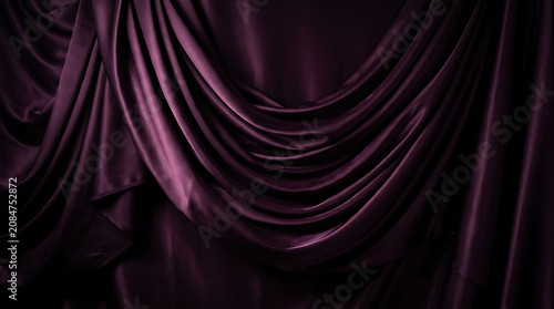 deep purple satin fabric draped background, dark plum tone, dramatic folds, elegant luxury feel, moody side lighting, commercial photography style