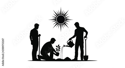 Photos Gardeners planting and watering a tree black silhouette tree sapling
