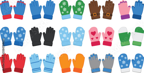 Bild auf Leinwand Winter gloves and mittens illustration set featuring colorful knit patterns snow