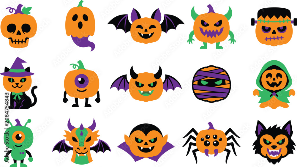Fototapeta premium Halloween pumpkin characters and symbols for kids party decorations