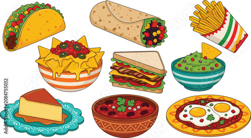 Foto Mexican food illustration collection featuring taco burrito nachos sandwich guac